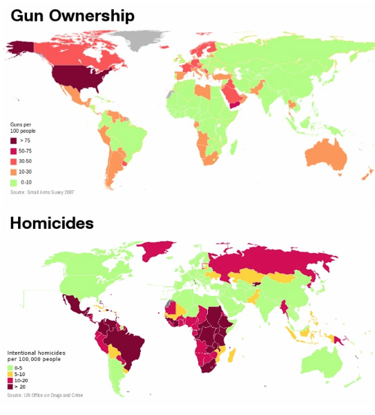 A map showing gun ownership and homicide rates, and which look very different