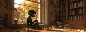 a photograph of a robot, sitting in a library, working on a jigsaw puzzle.