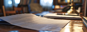 a modern paper on a desk. it's a few pages long, and is in 12 point times roman font, double spaced and with lots of complex blue book citations in the text. The content of the text is a disciplinary hearing for a lawyer. The text is wierdly distorted, and the edges show signs of hallucination
