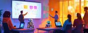 An image of a threat modeling classroom where robots are acting as instructor assistants