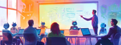 A vector art depiction of students and robots collaborating in Adam Shostack's Threat Modeling Intensive with Complete AI