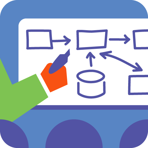 Stylized image featuring a hand pointing to a whiteboard filled with diagrams